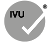 A grey circle with a white tick through it. The letters 'IVU' and the registered trademark symbol denote Telematics In-Vehicle Units.