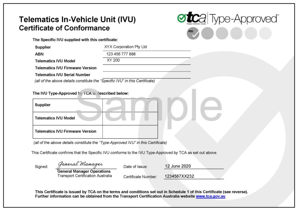 Certificate of Conformance - Telematics Device